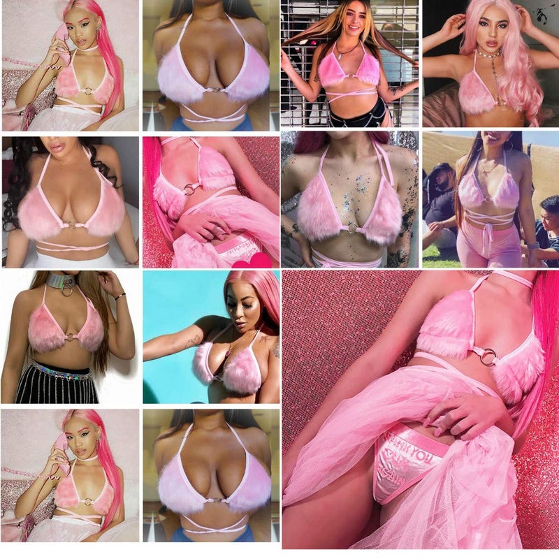 ZGMYC Women Rave Fluffy Fur Triangle Sleeveless Bra Crop Top Sexy Strappy Halter Bandage Camisole for Dance Festival Clubwear Pink, One Size - Image 3